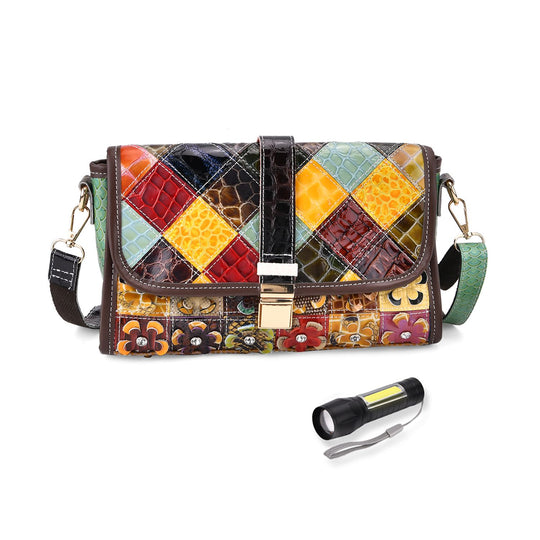 Chaos by Elsie - Crossbody-Tasche aus echtem Leder, Multicolor mit gewebtem Muster, RFID-Schutz und Mini-Taschenlampe, 28x10x18 cm