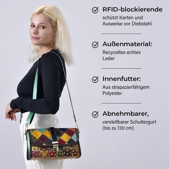 Chaos by Elsie, Crossbody-Tasche aus echtem Leder, Multicolor mit gewebtem Muster, RFID-Schutz und Mini-Taschenlampe, ca. 28 x 10 x 18 cm