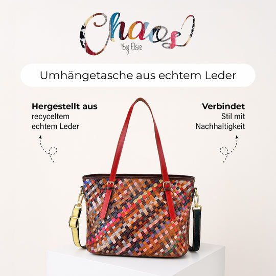 Chaos by Elsie, Multifunktionale Crossbody- und Schultertasche aus echtem Leder, Multicolor mit gewebtem Muster, RFID-Schutz und Mini-Taschenlampe, ca. 35 x 14 x 27 cm