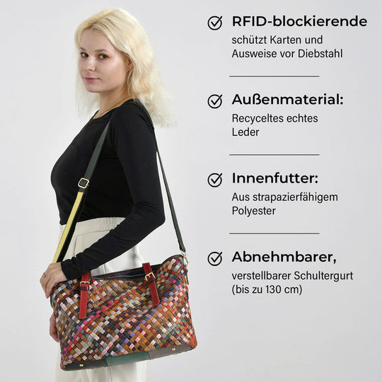 Chaos by Elsie, Multifunktionale Crossbody- und Schultertasche aus echtem Leder, Multicolor mit gewebtem Muster, RFID-Schutz und Mini-Taschenlampe, ca. 35 x 14 x 27 cm