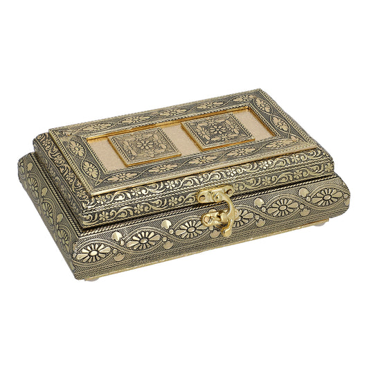 Handgefertigte Schmuckbox, Teakholz, oxidiertes Aluminium, antiker Look, 19,7x12x7,3 cm, roségoldfarben