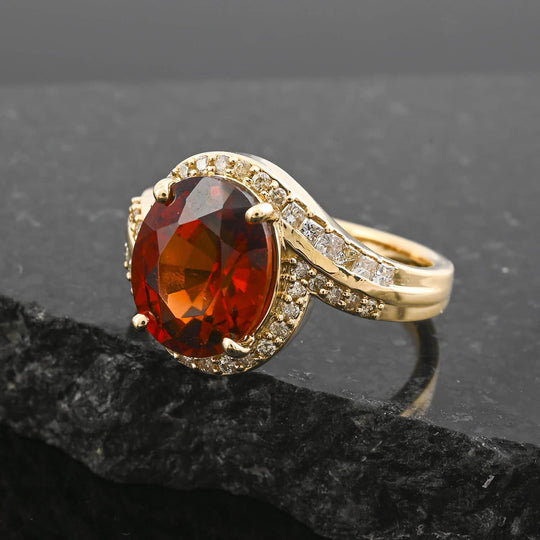 LUXORO zertifizierter und geprüfter AAA Honig Granat und GH-I2 Diamant Halo Bypass Ring in 417 Gold - 5,25 ct.