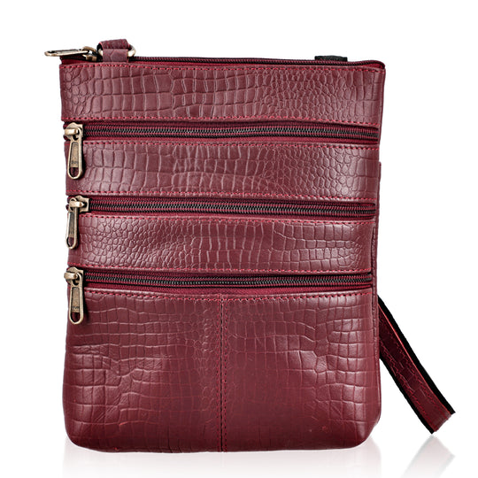 CLOSE OUT - Echtleder Crossbody Tasche mit Kroko Prägung, Multi-Fächer, 20 x 24 cm, Taupe