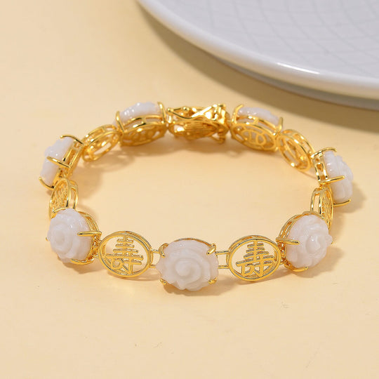 EXTREM SELTEN TYPE A Natürliche Weiße Jade Armband ca. 16.5 cm 925 Silber 750 Gelbgold Vermeil ca. 31.38 ct
