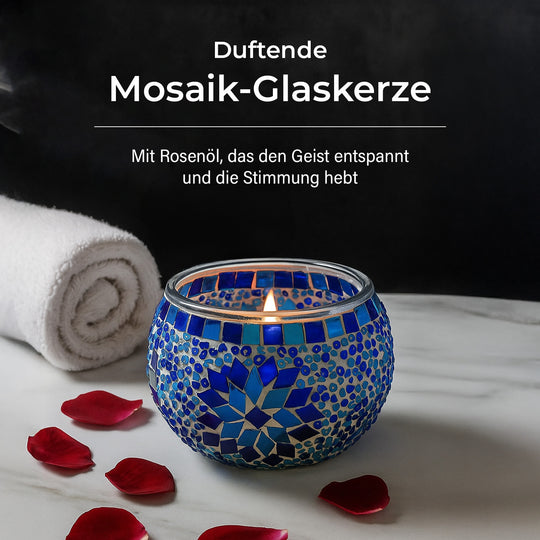 Aromatische Lavendel-Sojawachs-Duftkerze im handgefertigten Mosaikglas, ca. 10x8 cm