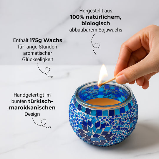 Aromatische Lavendel-Sojawachs-Duftkerze im handgefertigten Mosaikglas, ca. 10x8 cm
