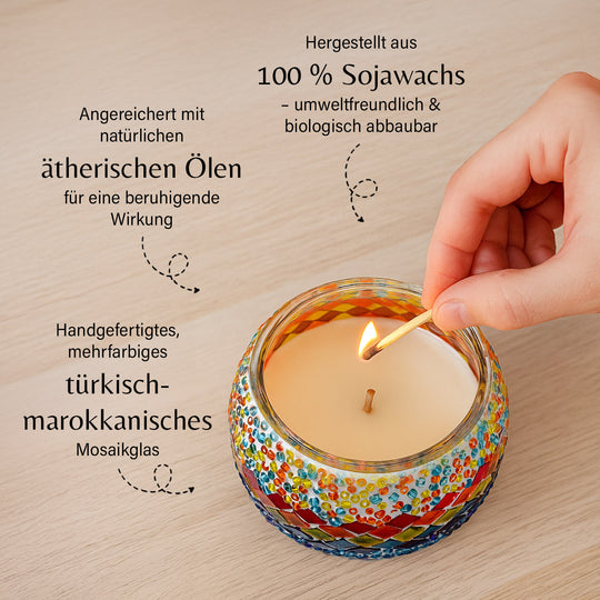 Handgefertigte Mosaikglas, mit Sojawachs-Duftkerze, 180g, 36 Std. Brenndauer, 8ml natürliches Öl, Rose