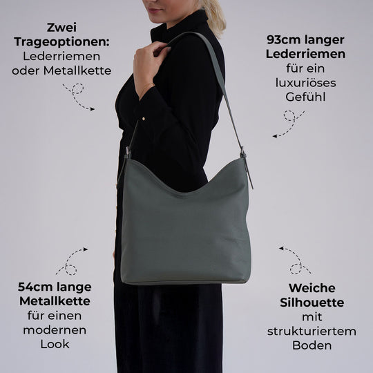 Hobo Umhängetasche aus Echtleder mit Ketten- und Lederriemen, ca. 31x11x32,5 cm, Schwarz