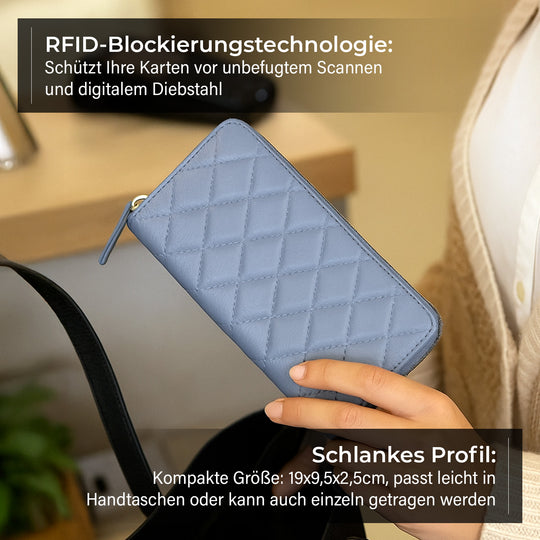 RFID-Geldbörse aus echtem Leder mit Diamantprägung, Reißverschluss, 8 Kartenfächer, 19x2.5x9.5cm, Grau