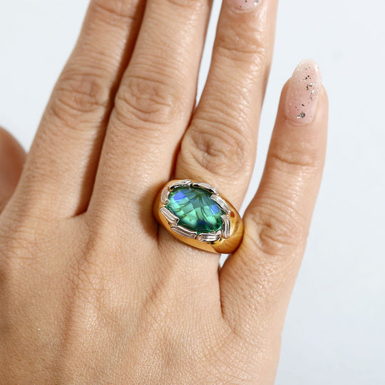 Pfau Quarz Triplette Ring 925 Silber Rhodiniert und 750 Gelbgold Vermeil (Größe 17.00) ca. 6,68 ct