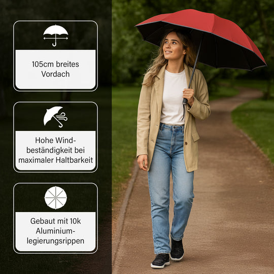 Sturmfester Regenschirm mit Aero-Aluminium-Gestell, vollautomatisch, reflektierend, Rückfaltung, ca. 105?cm, Schwarz