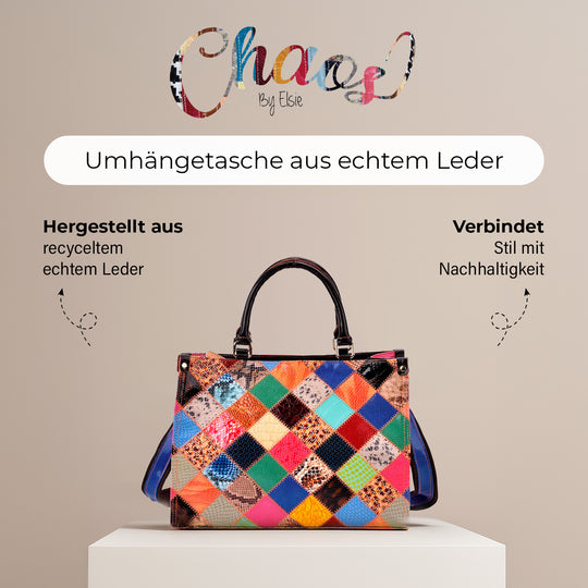 Chaos by Elsie - Umhängetasche aus 100 % Echtleder mit Mini-Taschenlampe, Rautenmuster, RFID-Schutz, 34 x 15 x 27 cm (Tasche), 9,5 x 4 cm (Taschenlampe)