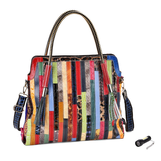 Chaos by Elsie - Crossbody-Tasche aus echtem Leder, Multicolor mit glänzender Krokoprägung im Rautenmuster, RFID-Schutz und Mini-Taschenlampe, 42x12x36cm