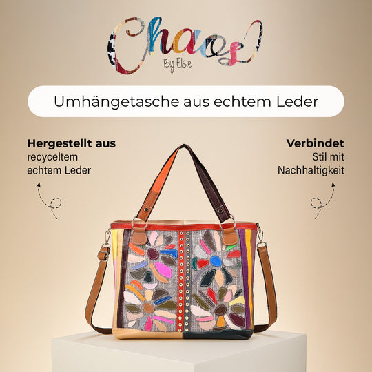 Chaos by Elsie - Umhängetasche aus recyceltem Echtleder mit farbigem Blumenmuster und Mini-Taschenlampe, ca. 40x14x35 cm, Weiß