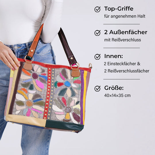 Chaos by Elsie - Umhängetasche aus recyceltem Echtleder mit farbigem Blumenmuster und Mini-Taschenlampe, ca. 40x14x35 cm, Weiß