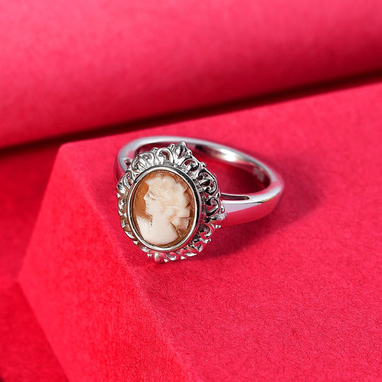 Italienische Kamee Ring aus Conch-Muschel, Messing, Silberfarben,