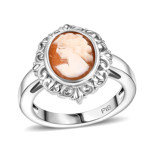 Italienische Kamee Ring aus Conch-Muschel, Messing, Silberfarben,