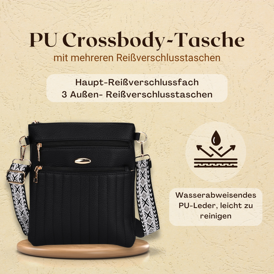 Crossbody-Tasche mit mehreren Reißverschlussfächern, gemustertem Schulterriemen, 23x26 cm, Braun