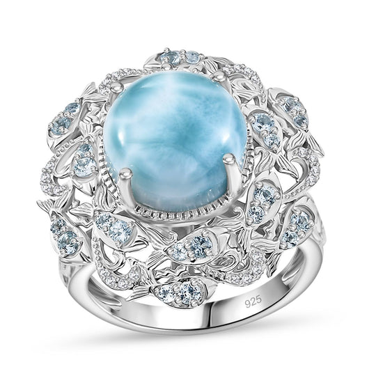 ShopLC EXKLUSIVE INNOVATION - Larimar, Himmelblauer Topas, Weißer Zirkon Ring, 925 Silber rhodiniert (Größe 20.00) ca. 8.91 ct