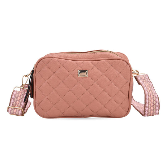 Crossbody-Tasche mit Steppmuster und gemustertem Schultergurt, Kunstleder, 21 x 13 x 7.5 cm, Pink