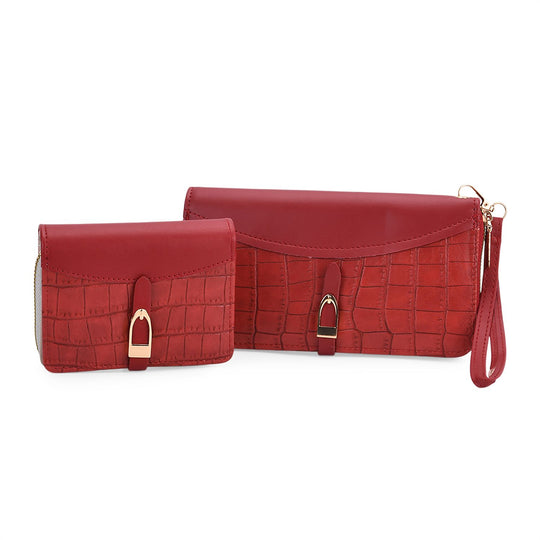 2-teiliges Geldbörsen-Set im Krokoprägungs-Design, Lange Geldbörse 20x10x3 cm und Bifold-Geldbörse 12x9x3,5 cm, Rot