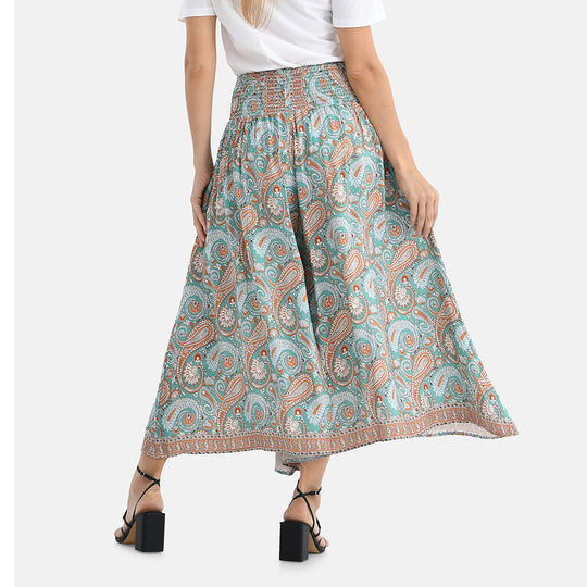 Gesmokte Taillen-Culottes mit Paisleymuster, locker, bequem, elastischer Bund, 100 % Viskose, Einheitsgröße, Beige