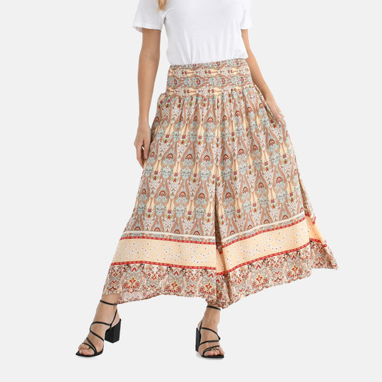 Gesmokte Taillen-Culottes mit Paisleymuster, locker, bequem, elastischer Bund, 100 % Viskose, Einheitsgröße, Beige