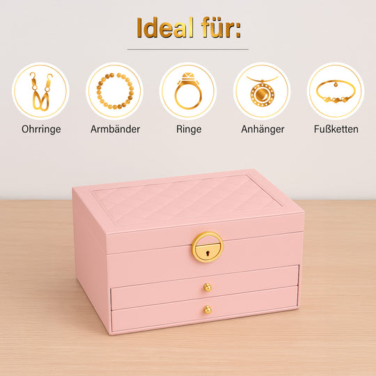 3-lagige Elegante Schmuckaufbox mit Schloss, 5 Silberputztüchern, 23x17x13cm, Rosa