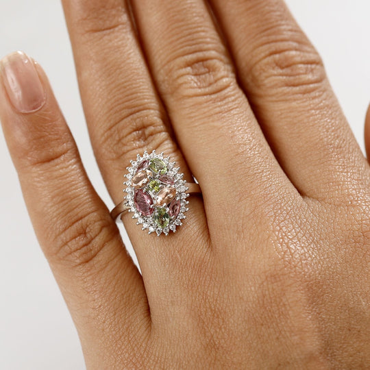 AAA Mehrfarbige Calabar -Turmalin, Weißer Zirkon Ring, 925 Silber rhodiniert (Größe 17.00) ca. 1.91 ct