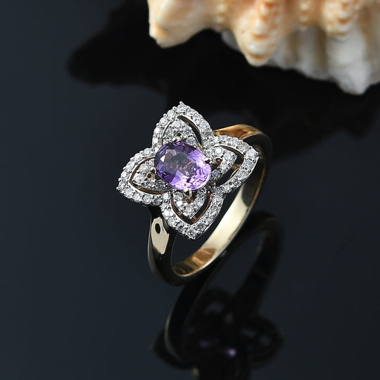 LUXORO zertifizierter und geprüfter AAA Lila Saphir und Diamant floraler Halo Ring in 417 Gold - 1,39 ct.