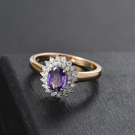 AAA Lila Saphir, Weißer Diamant AGI zertifiziert und geprüft Ring 585 Gelb Gold (Größe 18.00) ca. 1,38 ct