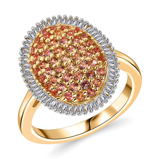 AAA Padparadscha Saphir (B), Weißer Diamant Ring 925 Silber 750 Gelbgold Vermeil (Größe 21.00) ca. 1.03 ct
