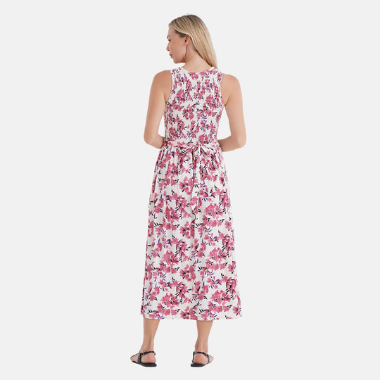 Schulterfreies, Smocked Kleid mit Rosa Blumenmuster, Hoher Taillen-Schnitt, Mit Gürtel, Mehrfarbig