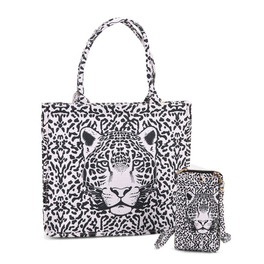 2-teiliges Taschenset - Shopper und Handytasche, ca. 40 x 12 x 35 cm (Shopper), ca. 20 x 11 x 2 cm (Handytasche), Leopardmotiv