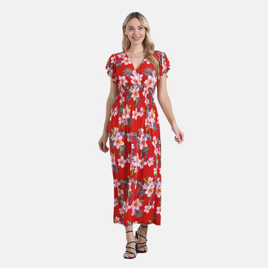 Gesmokter Maxikleid mit Volantärmeln, Beige mit Leopardenmuster, Einheitsgröße, Blau