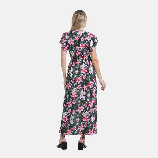 Floral Romance, Maxikleid mit Smokbund und Volantärmeln, Polyester-Elasthan-Mix, Blau