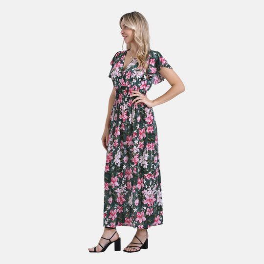 Floral Romance, Maxikleid mit Smokbund und Volantärmeln, Polyester-Elasthan-Mix, Blau