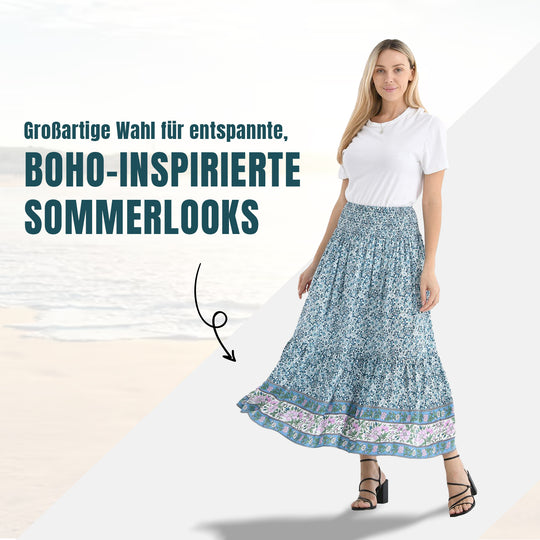 Maxirock mit sommerlichem Blumenprint und elastischem Bund, 75 cm Länge, 100% Viskose, Rosa