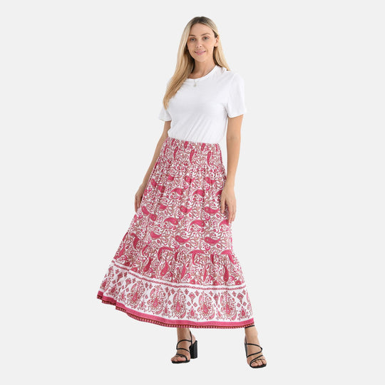 Maxirock mit sommerlichem Blumenprint und elastischem Bund, 75 cm Länge, 100% Viskose, Rosa