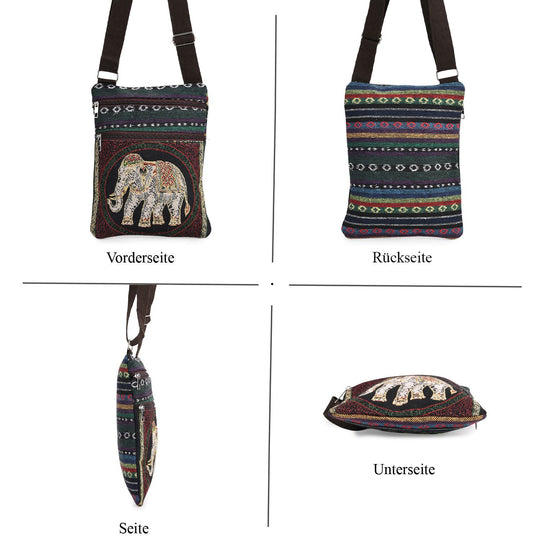 Crossbody-Tasche mit Elefantenmotiv, Polyester, 3 Reißverschlussfächer, verstellbarer Schultergurt (ca. 120 cm), 21x28 cm, Mehrfarbig