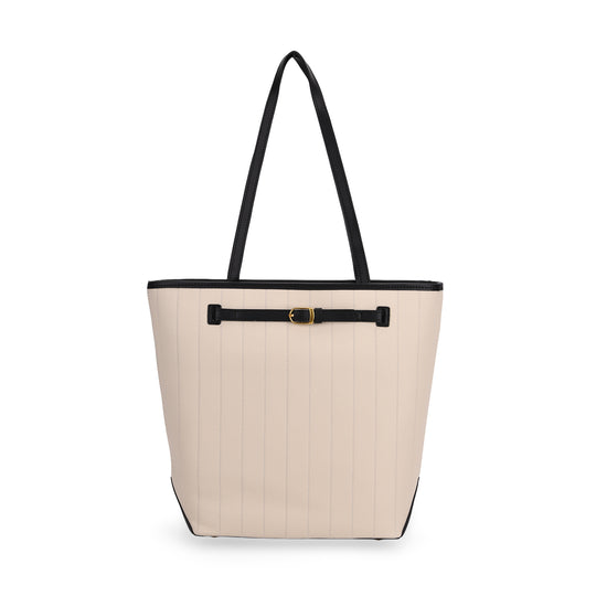 Shopper Tasche aus Echtleder mit Zierschnalle und Doppelgriffen, Metallfüße, 25x11x32 cm, Weiß