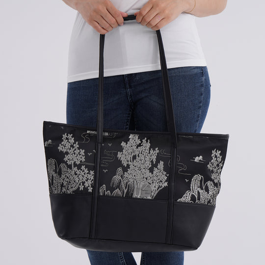 Schultertasche modischem Print, große Kapazität, mit Reißverschluss und Innentasche, 48x29x14 cm, Polyester mit PU-Leder, Blau mit Blumenmuster
