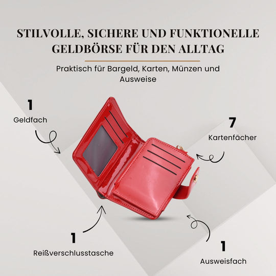 Glänzendes Trifold-Portemonnaie aus Lackleder mit RFID-Schutz, 12 x 10 cm, Pink