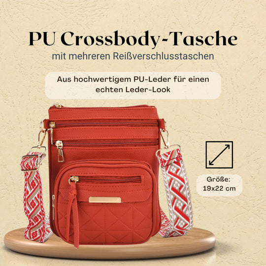 Crossbody-Tasche mit mehreren Fächern, 19x22?cm, Rosa-Grau mit gemustertem Schultergurt, rosa