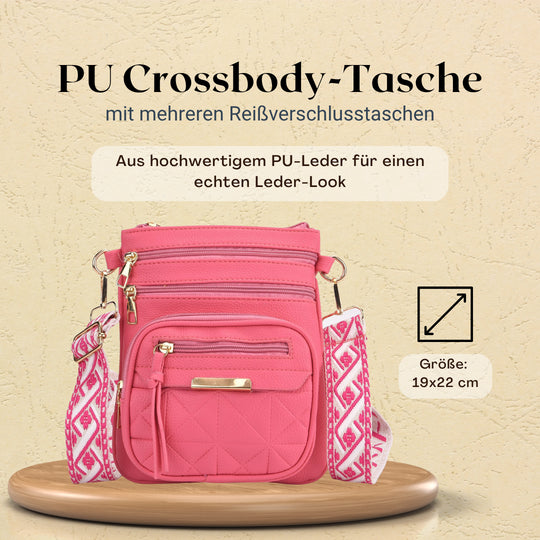 Crossbody-Tasche mit mehreren Fächern, 19x22?cm, Rosa-Grau mit gemustertem Schultergurt, rosa