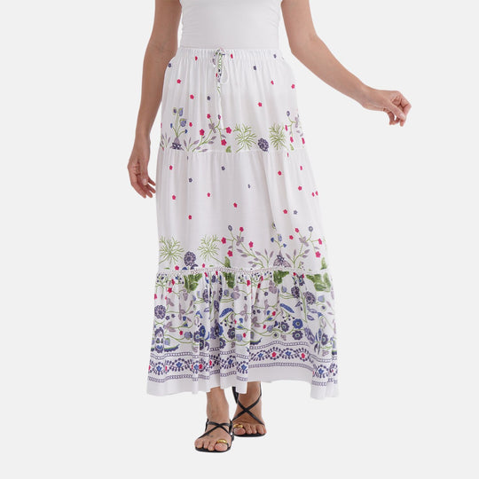 Maxirock mit Blumenprint aus 100% Viskose, 90 cm, Weiß mit floralen Akzenten - Einheitsgröße, weiß