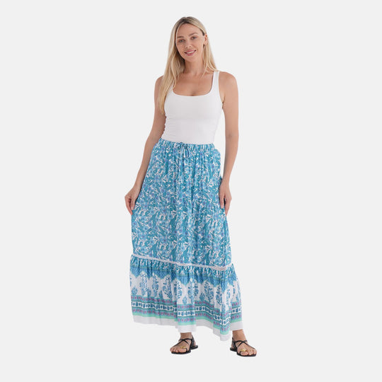 Maxirock mit Blumenprint aus 100% Viskose, 90 cm, Weiß mit floralen Akzenten - Einheitsgröße, weiß