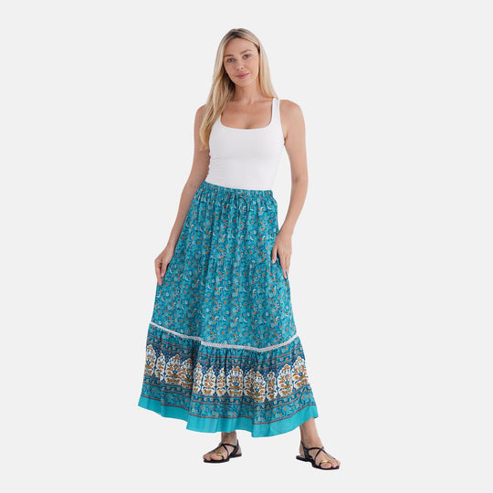 Maxirock mit sommerlichem Blumenprint und elastischem Bund, 75 cm Länge, 100% Viskose, Rosa