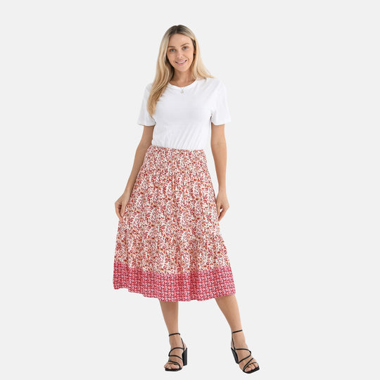 Maxirock mit sommerlichem Blumenprint und elastischem Bund, 75 cm Länge, 100% Viskose, Rosa