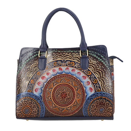 Handbemalte Satchel-Tasche aus 100% Echtleder mit kunstvoller Prägung und Mandala-Design, 31 x 10 x 23cm, Grün